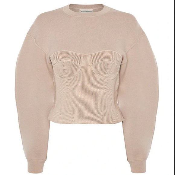 NWOT $2470 Alexander McQueen Corset Puff-sleeve Cotton Sweatshirt Knit top - Picture 5 of 13